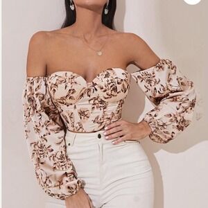 Shein Floral‎ Print Corset Top Long Sleeve Lace Up Back Crop Shirt Women small